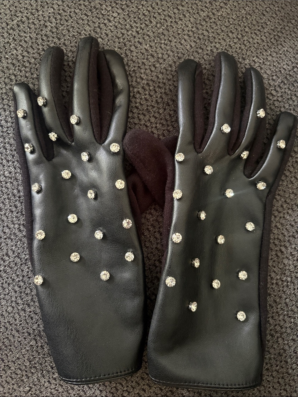Black Crystal-Embellished Leather Gloves